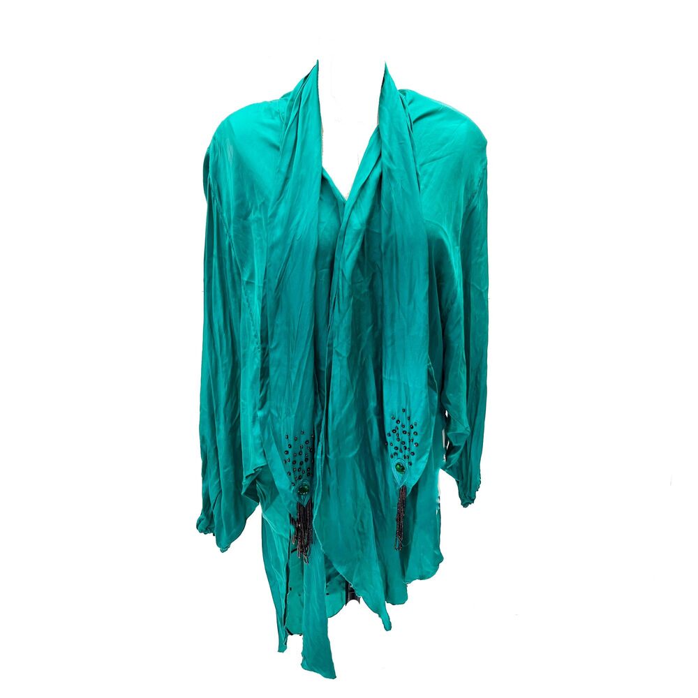 Vintage Marc D’Alcy Long Line Teal 100% Silk Embellished Blouse - Small
